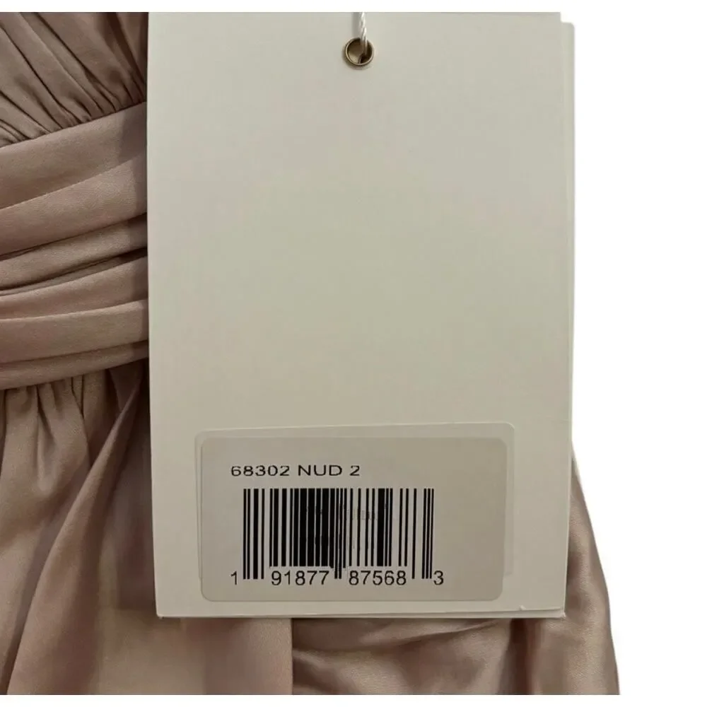 Mac Duggal One Shoulder Satin Mini Dress Nude Blush Draped Sleeve Ruched 2 NWT